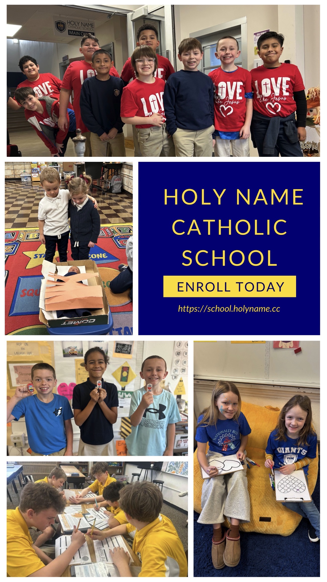Holy Name Catholic School Enroll Today displayed with various photos of children in school.